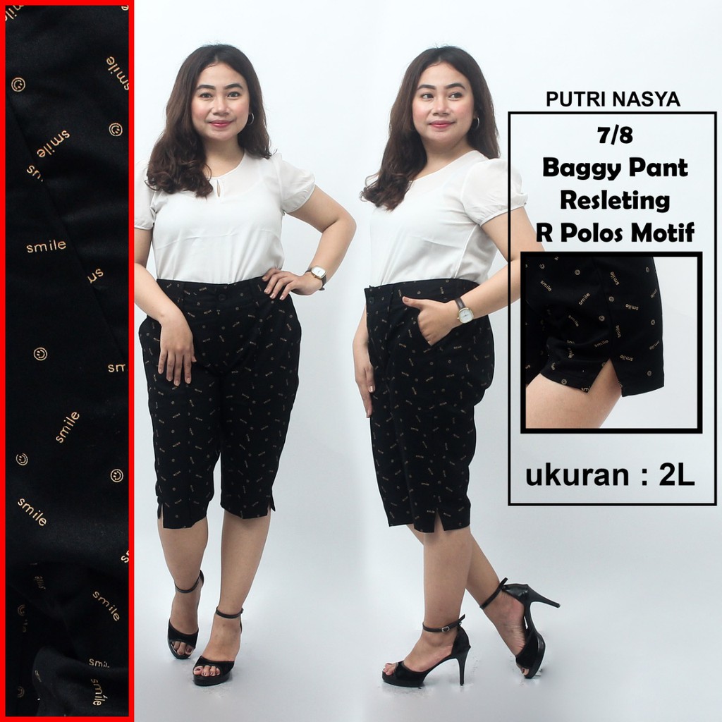 Celana 7/8 jumbo resleting polos motif/ baggy pant jumbo / celanapendek 8L-6L-5L-4L-2L-XL-S fit to L