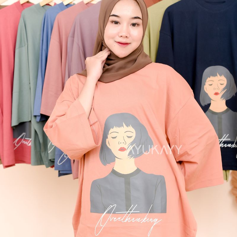 Atasan Oversize Sablon Gambar Gadis - OVERTHINKING- / Atasan Oversize Kekinian / Atasan Oversize Lengan 7/8