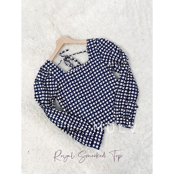 MDLV ~ 2657# Royal Smocked Top Atasan Blouse Houndstooth Fashion Import