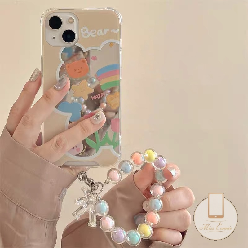 Casing Soft Case Motif Beruang 3D + Cermin Makeup + Gelang Mutiara Untuk iPhone 7 8 14 Plus 11 12 13 14 Pro Max XR X XS Max