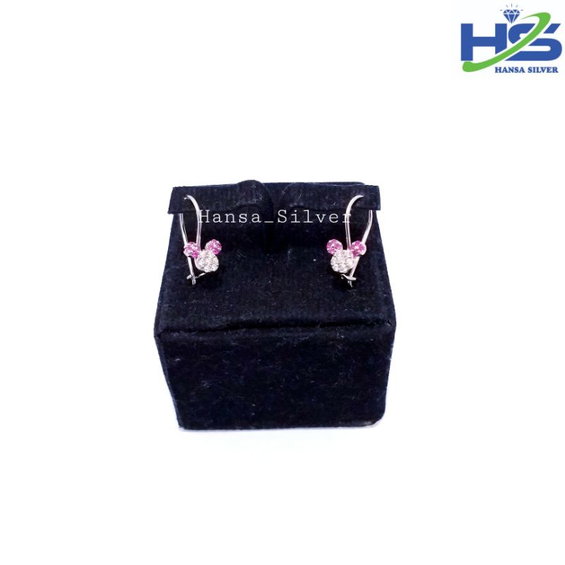 Anting Perak Anak Asli Silver 925 Lapis Emas Putih Model Mickey Mouse Permata Putih Dan Pink - Perak Asli 925