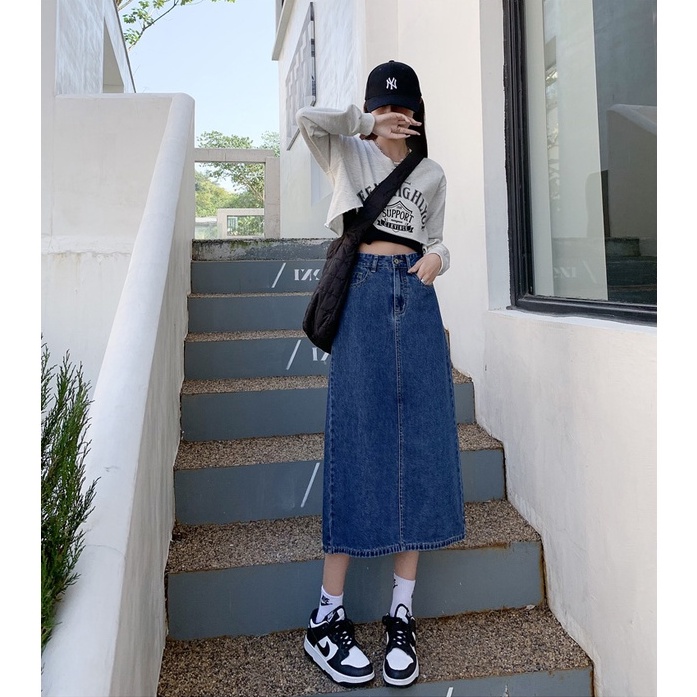 New Korean Rok Jeans Panjang Wanita kembali Slit skirt midi
