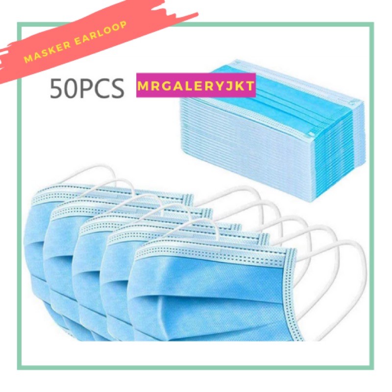 [READY] Masker Kesehatan 3ply Earloop Blue Isi 50pcs