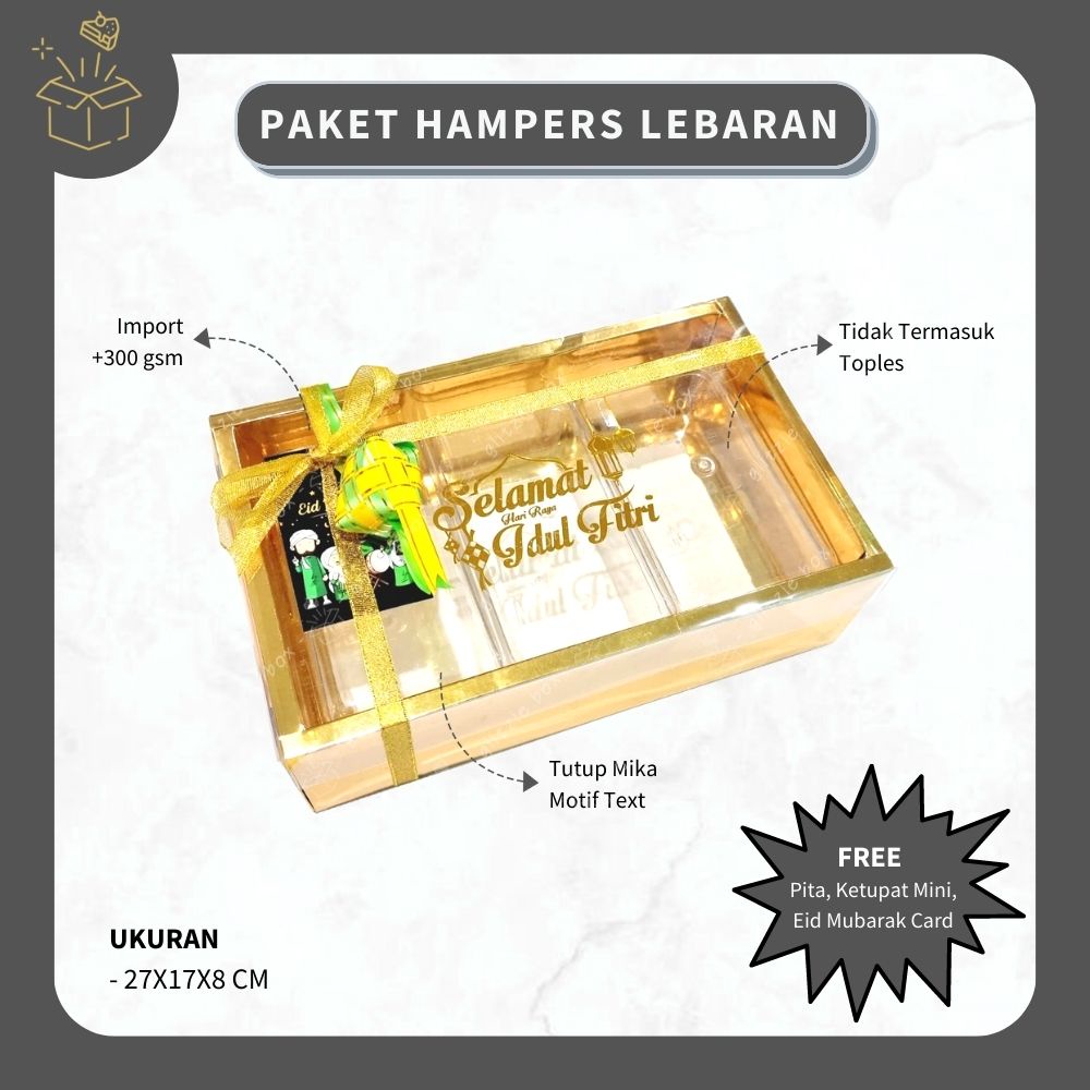 PAKET HAMPERS LEBARAN MOTIF TEXT TANPA TOPLES | Box Kue Kering Parcel Idul Fitri Muat 3 Toples - Dus