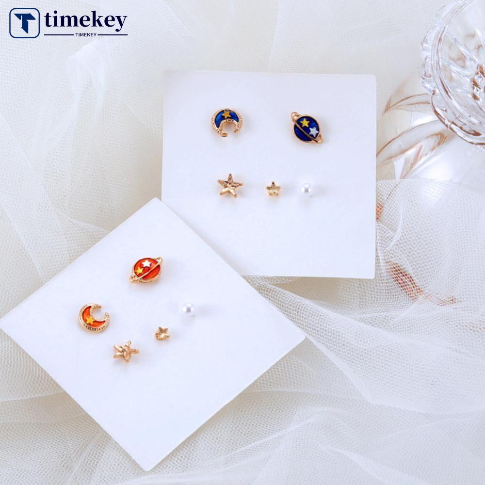 Timekey 5PCS / Set Anting Tusuk Desain Planet / Bintang / Bulan / Mutiara Simple Lucu Untuk Wanita A6K3