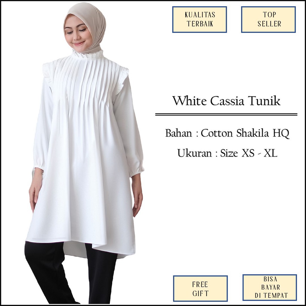 Baju Atasan Wanita Tunik Tunic Kerja Kantor Warna Putih Broken White Bahan Katun Size XS XL Jumbo M1