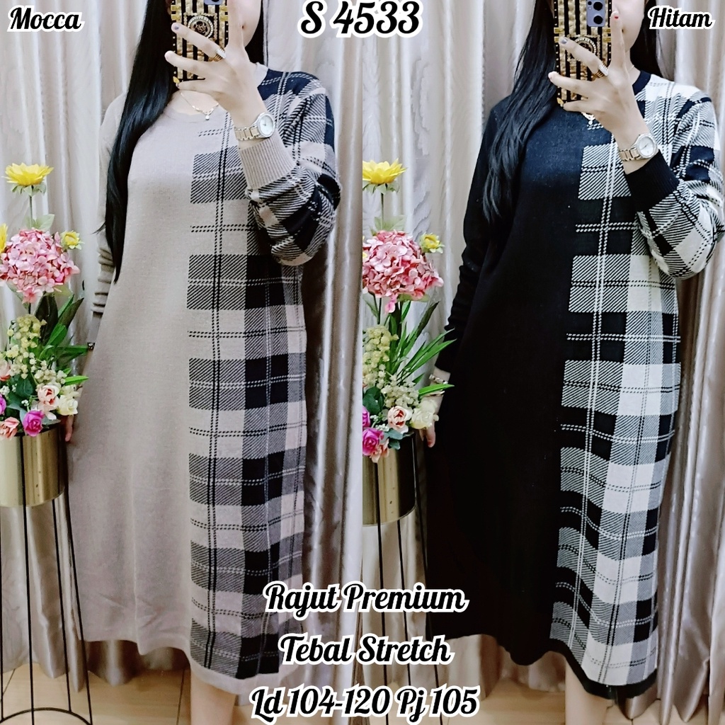 STYLE 4533. DRESS RAJUT KOMBI KOTAK TEBAL LENGAN PANJANG/ TUNIK RAJUT KOTAKPREMIUM