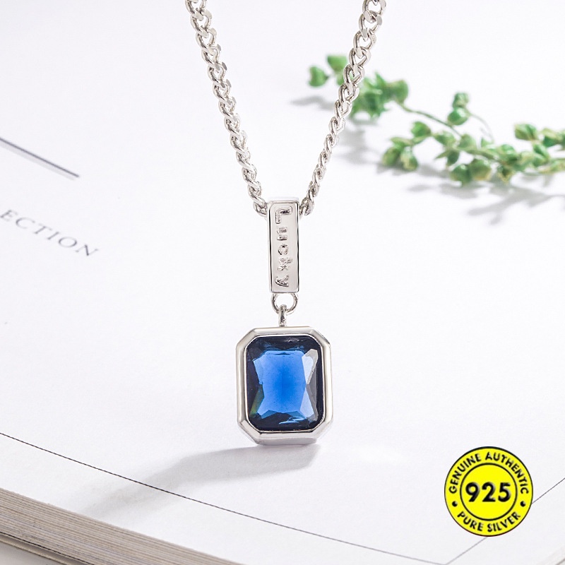 Kalung Rantai Sterling Silver 925 Dengan Liontin Kubik Zirconia Biru Untuk Wanita