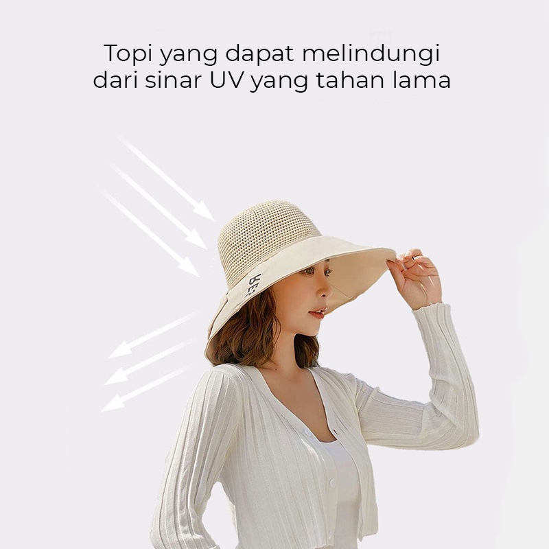 Topi Bucket Hat Pantai Wanita Korea Setengah Rajut Bordir RES Jaring Pita Belakang Lebar Anti UV ZZ