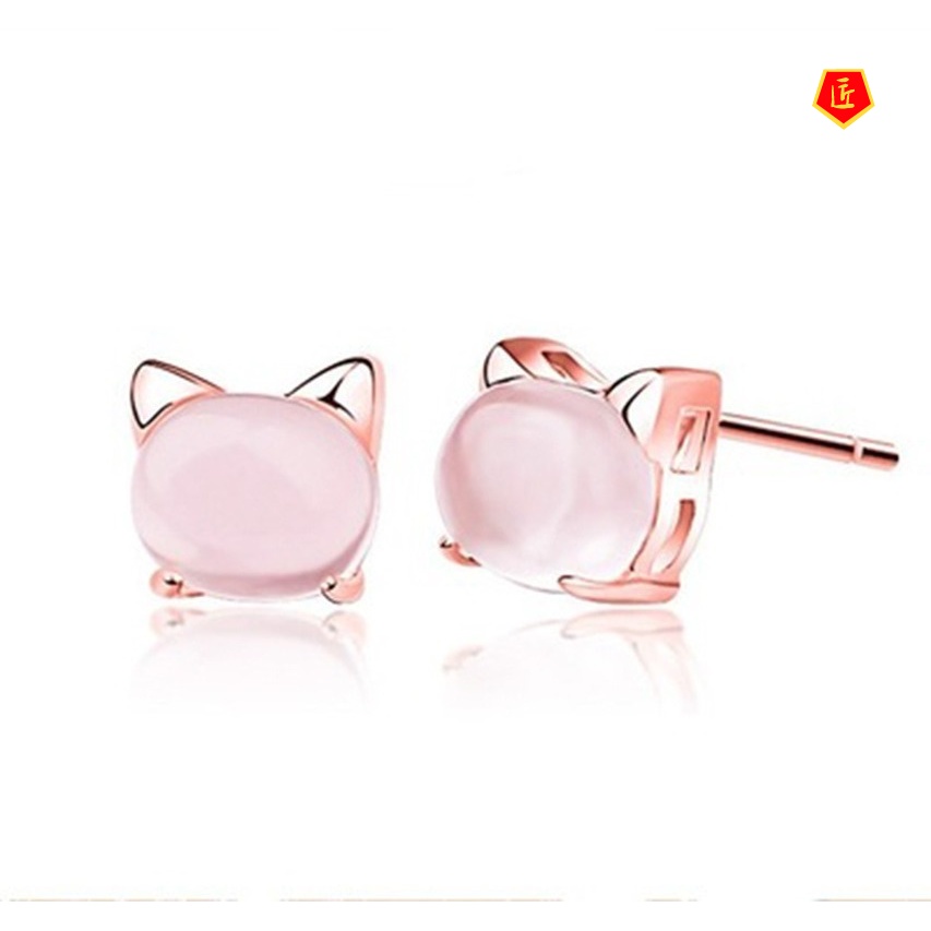 [Ready Stock]Women's Cute Cat Ross Quartz Pink Crystal Silver Stud Earrings