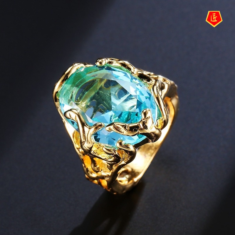 [Ready Stock]Fashion Elegant 18K Gold Blue Crystal Hollow Ring