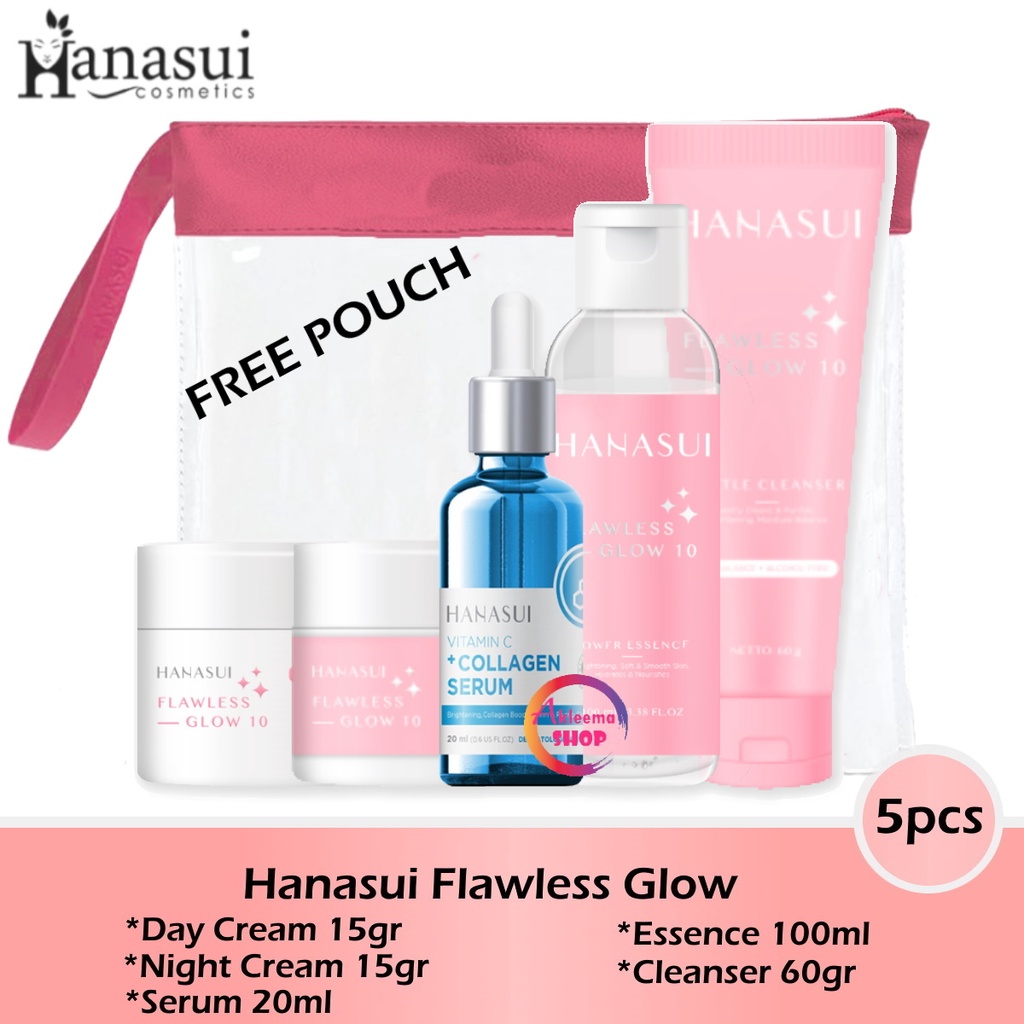 Paket Hanasui Flawless Glow 5pcs(Day Cream+Night Cream+Serum Biru+Essence+Cleanser)