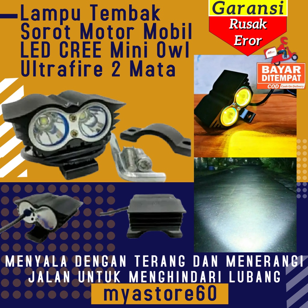 Lampu Tembak Lampu Sorot Motor Mobil LED CREE Mini Owl Ultrafire 2 Mata Firing Light Lampu LED Putih Kuning Terang Universal