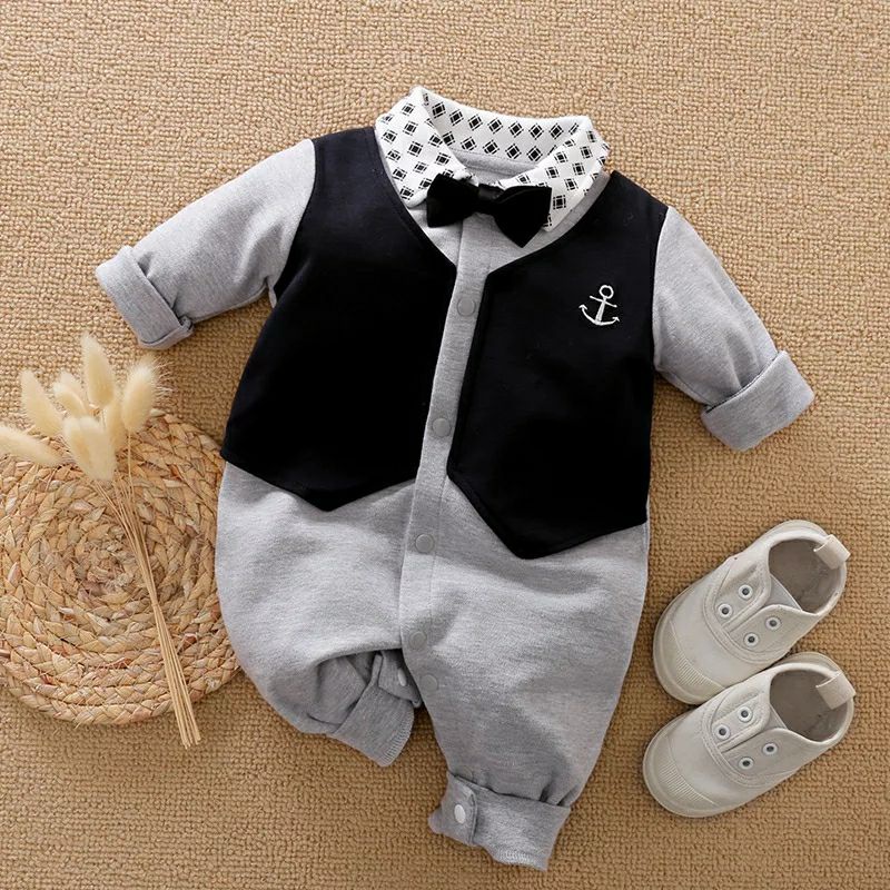 BIBUB A07 JAS PESTA NEWBORN MOTIF GREY BABY JUMPER FORMAL MOTIF JAS TUXEDO / ROMPER ORI UNTUK BAYI 3