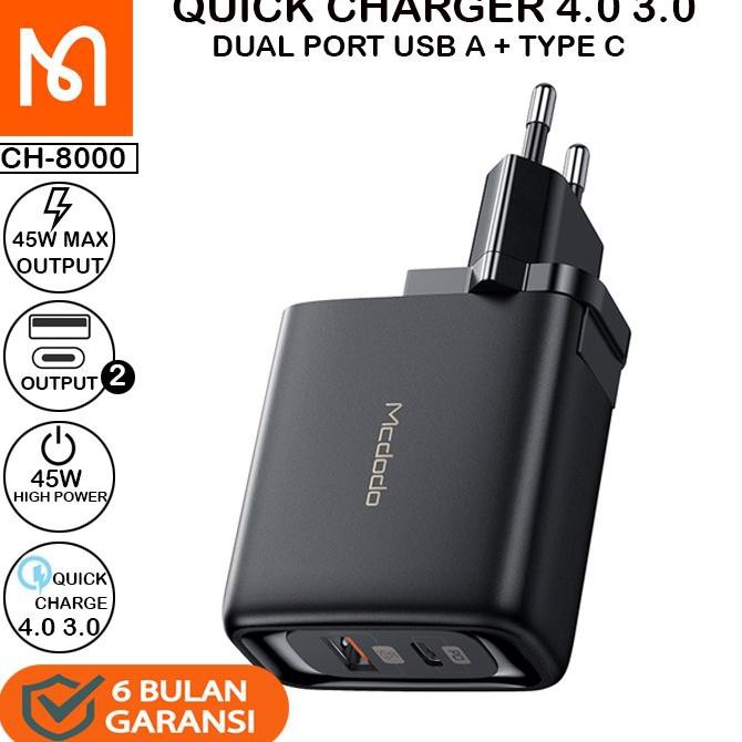 MCDODO CH-8000 Adaptor Charger Dual Port Usb A + Type C QC 4.0 45W