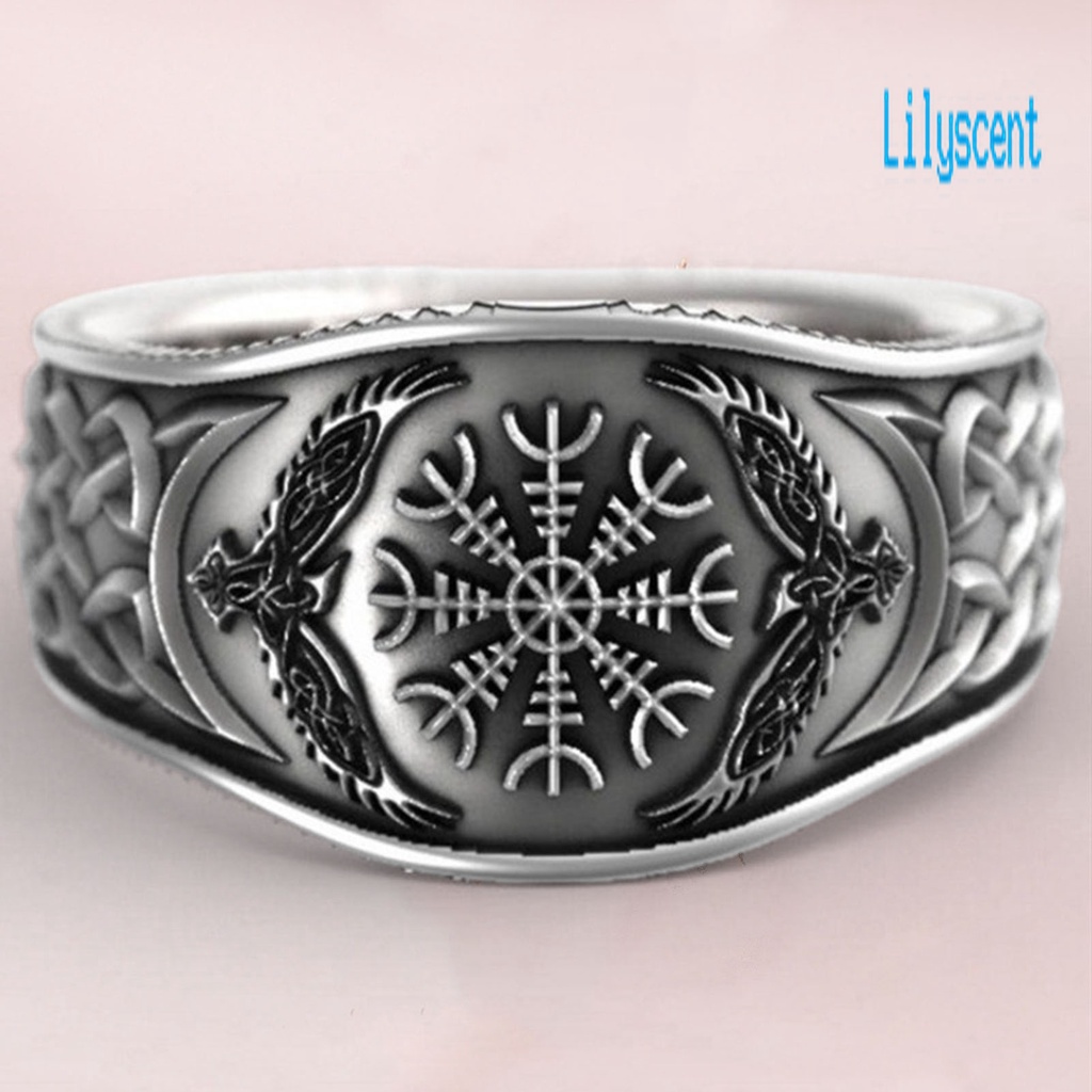 Lily Cincin Lebar Motif Ukiran Elang Kompas Bahan Alloy Warna Silver Untuk Pria