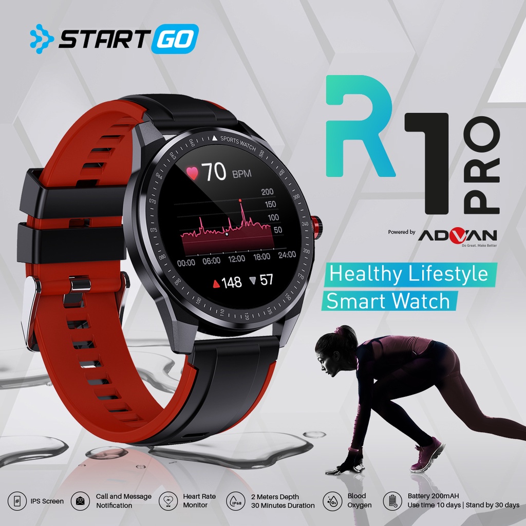 Advan Startgo Smartwatch R1 Pro 1.3 inci | Pemantauan SpO2 24 Jam | Blood Oxygen | 15 mode olahraga Garansi Resmi 12 Bulan - Black Red