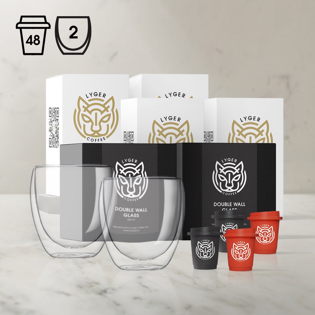 

Lyger Coffee 2 Glasses, 24 Mini Cups Americano and Latte Coffee For Two Bundle