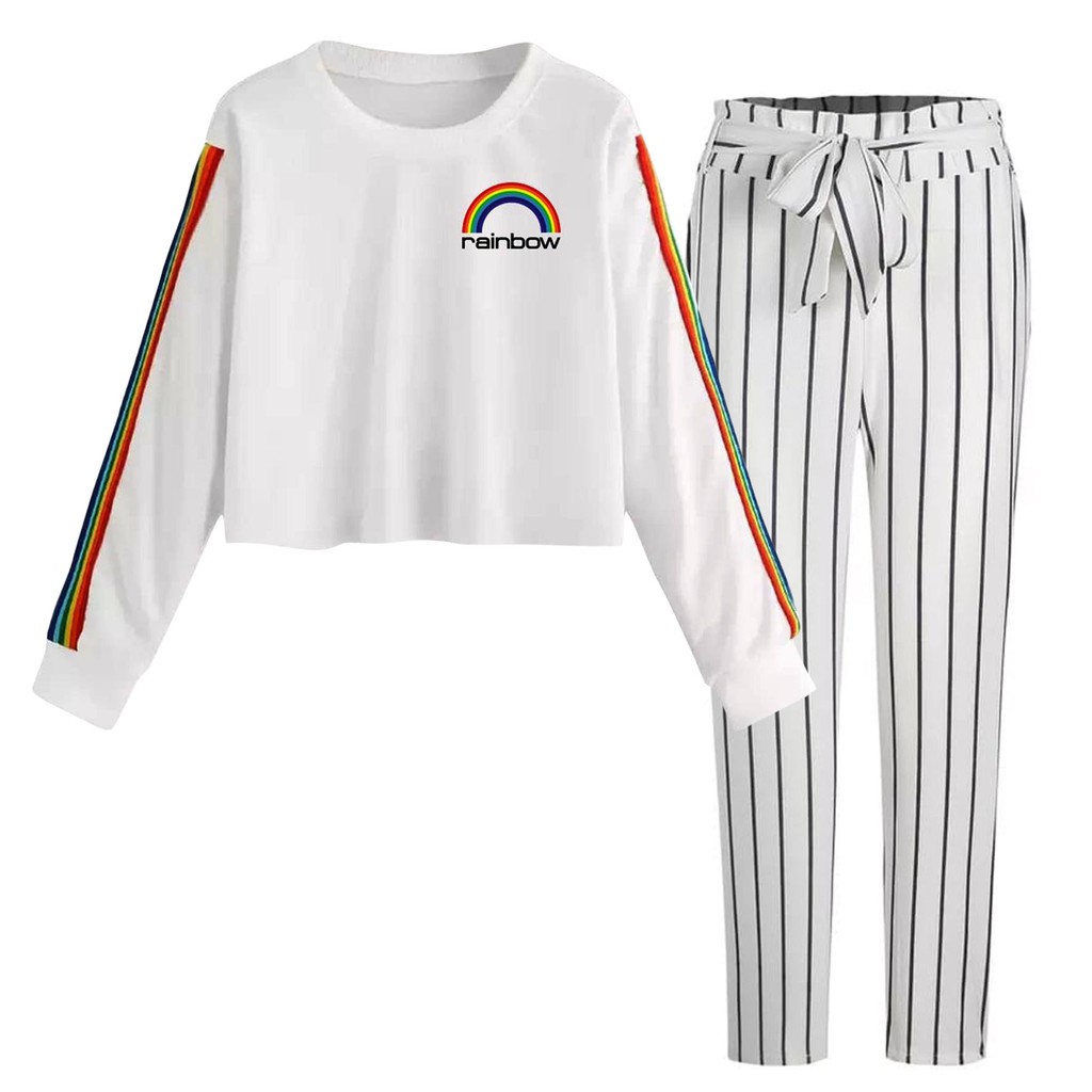 BESS - Baju Setelan Wanita Murah / Setelan Sweater Crop + Celana Salur Putih - RAINBOW