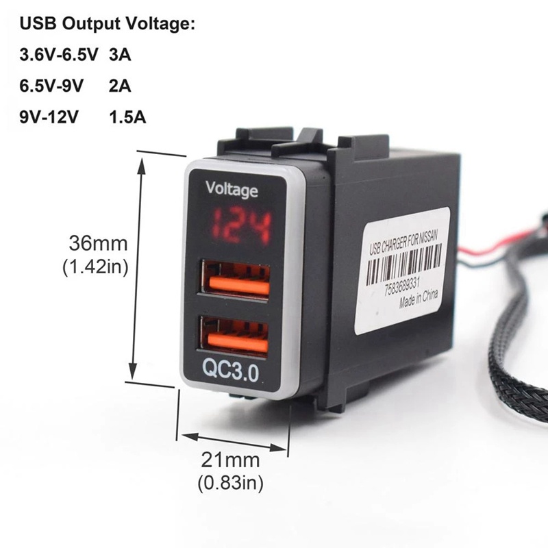 Charger Mobil USB QC3.0 Fast Charging Dengan Display Voltmeter Untuk Nissan Qashqai X-Trail