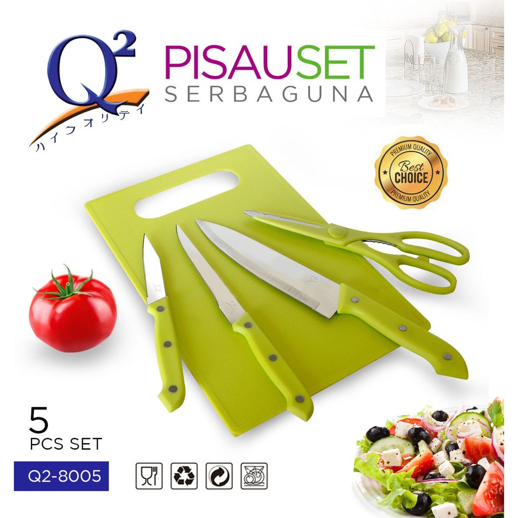 Pisau Set Talenan / Telenan 5 Pcs Pisau Dapur Pisau Roti Pisau Daging Gunting Sayur - Q2 8005