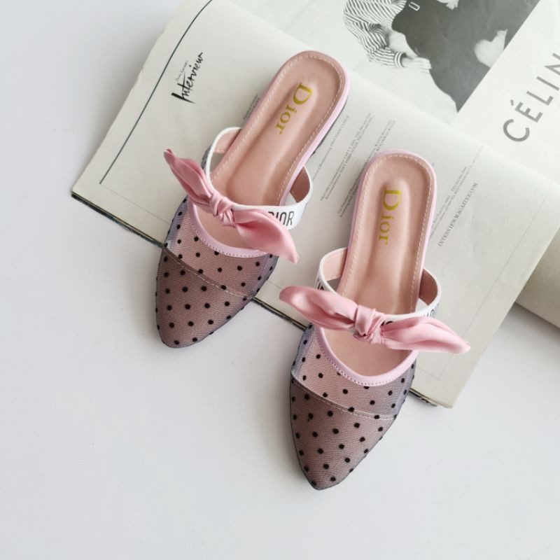 Best Seller.. Lengkap Ukuran Dewasa &amp; Anak2 Jdr Swiss Dotted Mid Ribbon Woman Flat Shoes SDMR