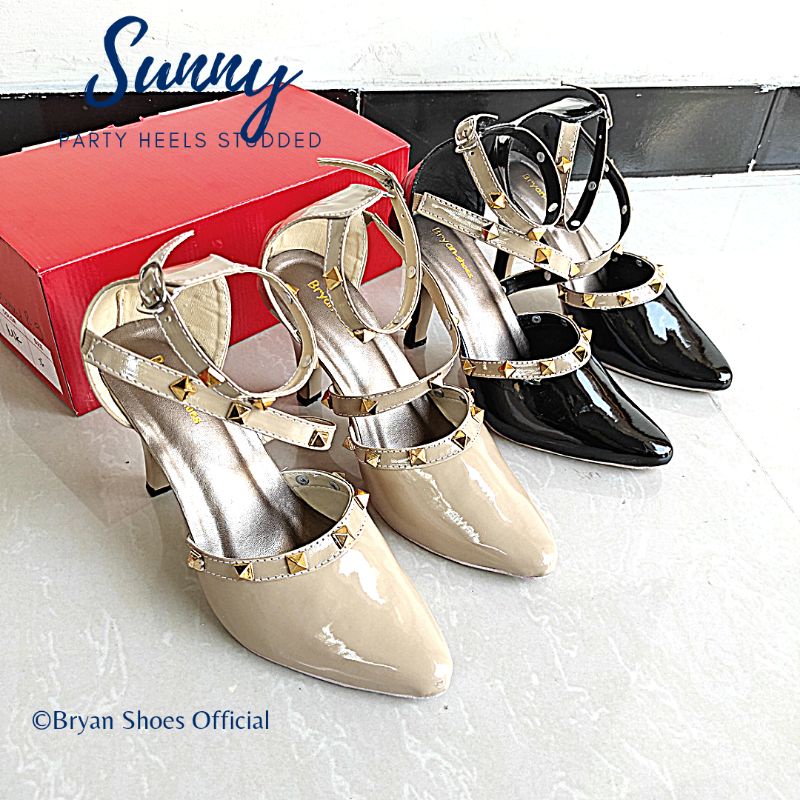 Bryan Sunny Heels Studded Glossy Pesta Rockstude Hak Runcing 9cm Jumbo 36-40 41 43 Berkualitas