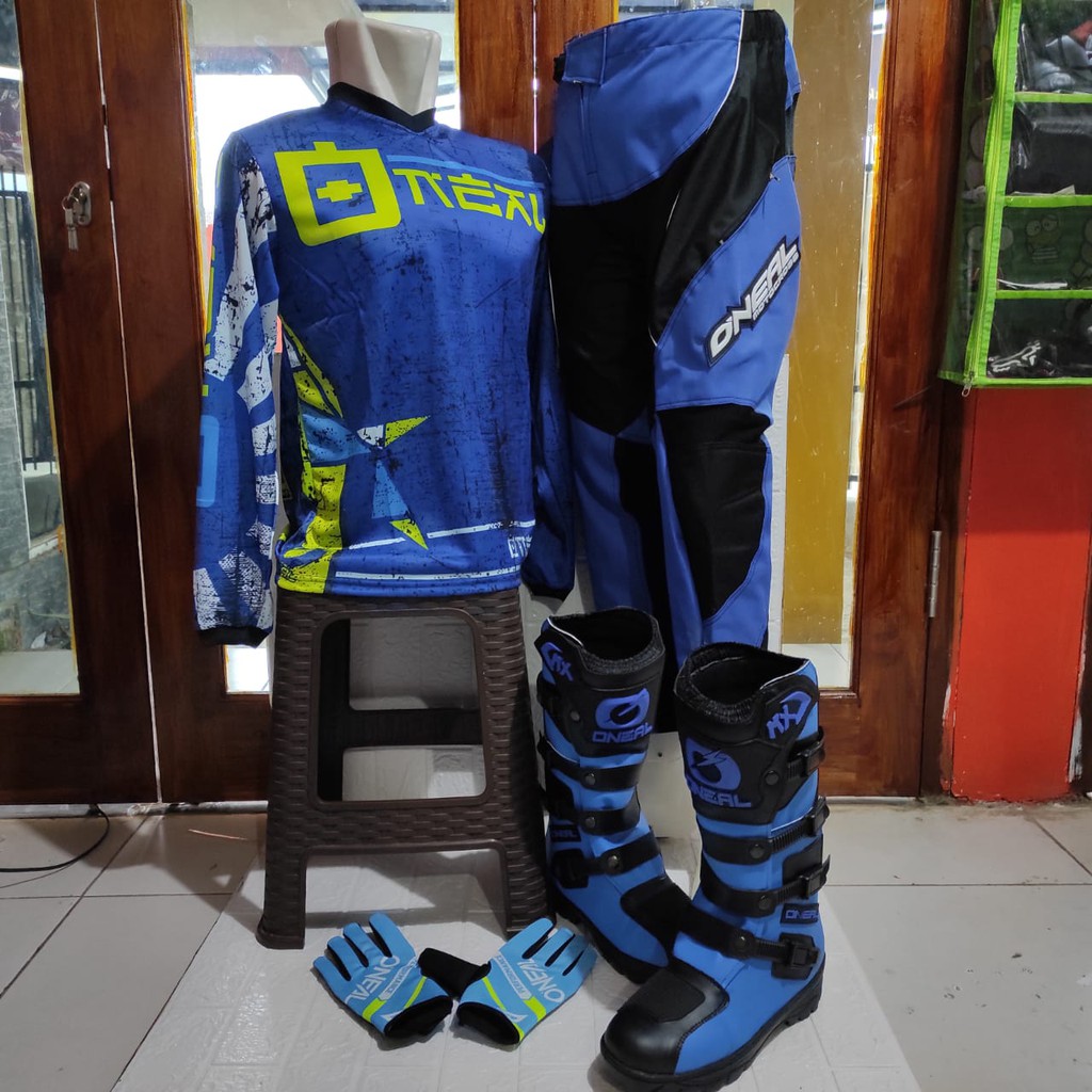 sepatu cross satu set sepatu cross trail jersey sett dan glove print terlaris stabilo biru oneal setelan offroad motor cross