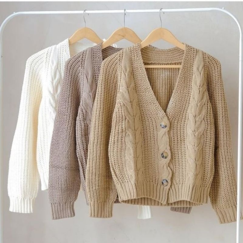 Cable Knit Cardigan Wanita/Cewek Dusty Mocca White Bronze Burgundi Mint Nila Army | Cable Cardy Tebal Premium