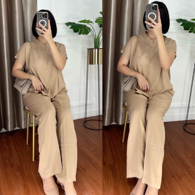 ONE SET TWILL PIYAMA SET TWILL/PAJAMAS/DAILY ONE SET/SETELAN / SETCEL / KEMEJA RAYON / RAYON TWILL-CREAM TWILL