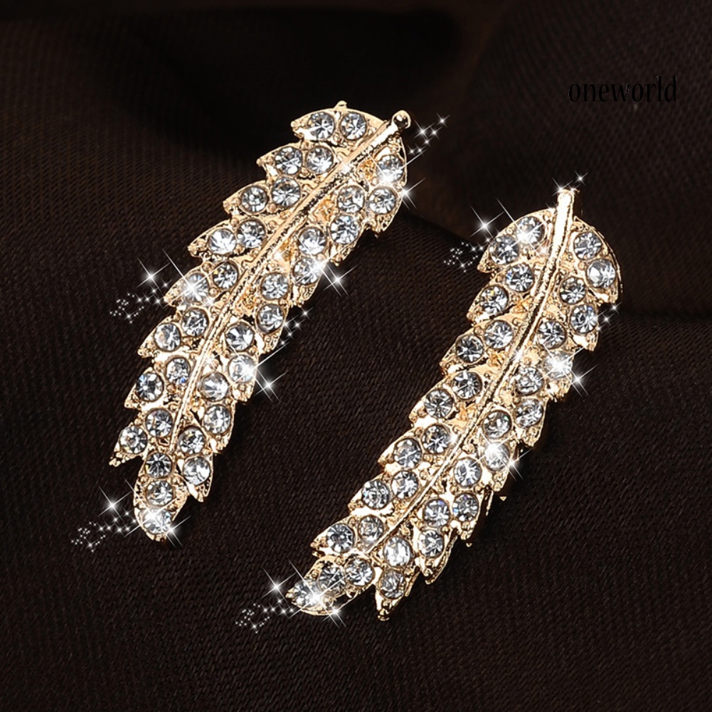 OW@ Women Full Rhinestone Inlaid Leaf Shape Stud Earrings Piercing Jewelry Gift