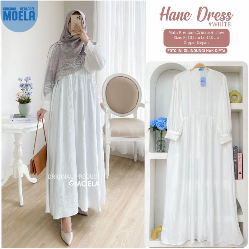 Aura Hane Dress Gamis Jumbo Polos Allsize Busui Premium Crinkle Airflow Original Ori Moela Berlabel-Hane white