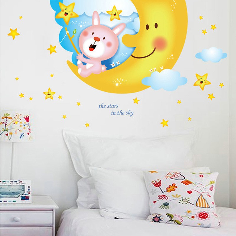 RELIZA WALLSTICKER BULAN SABIT AWAN SMILE ANAK KIDS NICE DREAM ANGKASA BINTANG BIRU KUNING SKY STARS