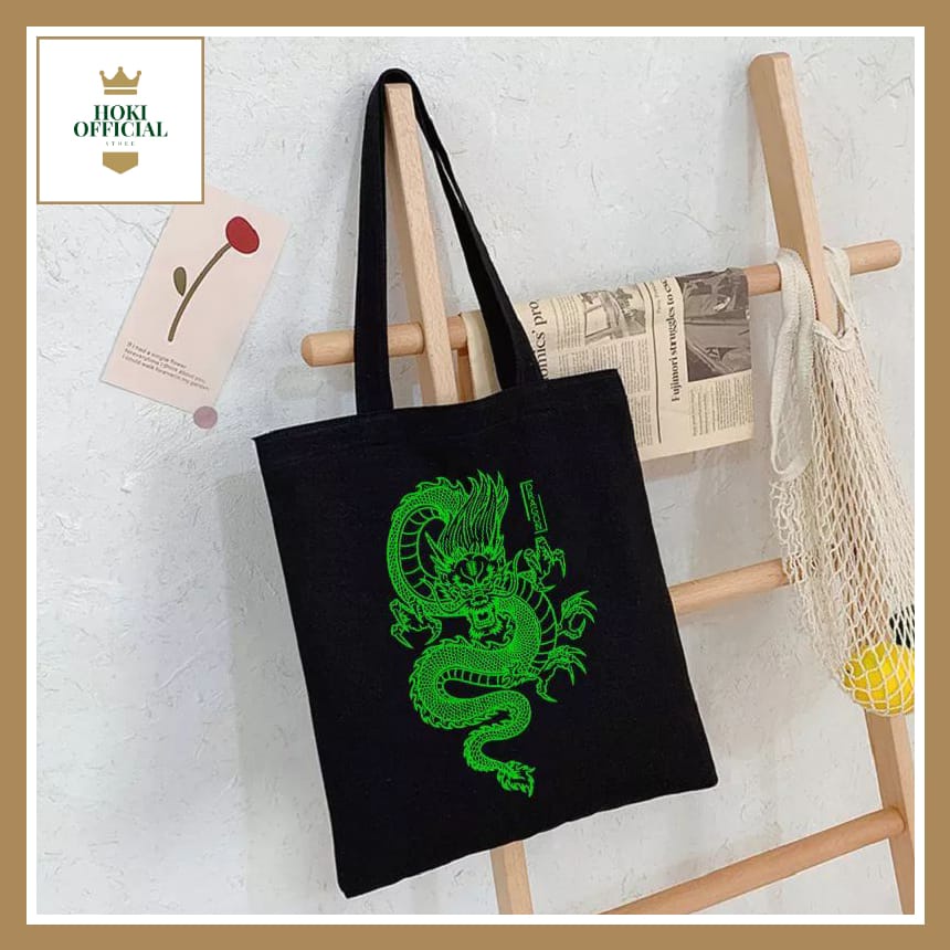 [COD] Totebag Kanvas Hitam Putih Motif Naga Pakai Resleting Tote Bag Polos HokiOfficial