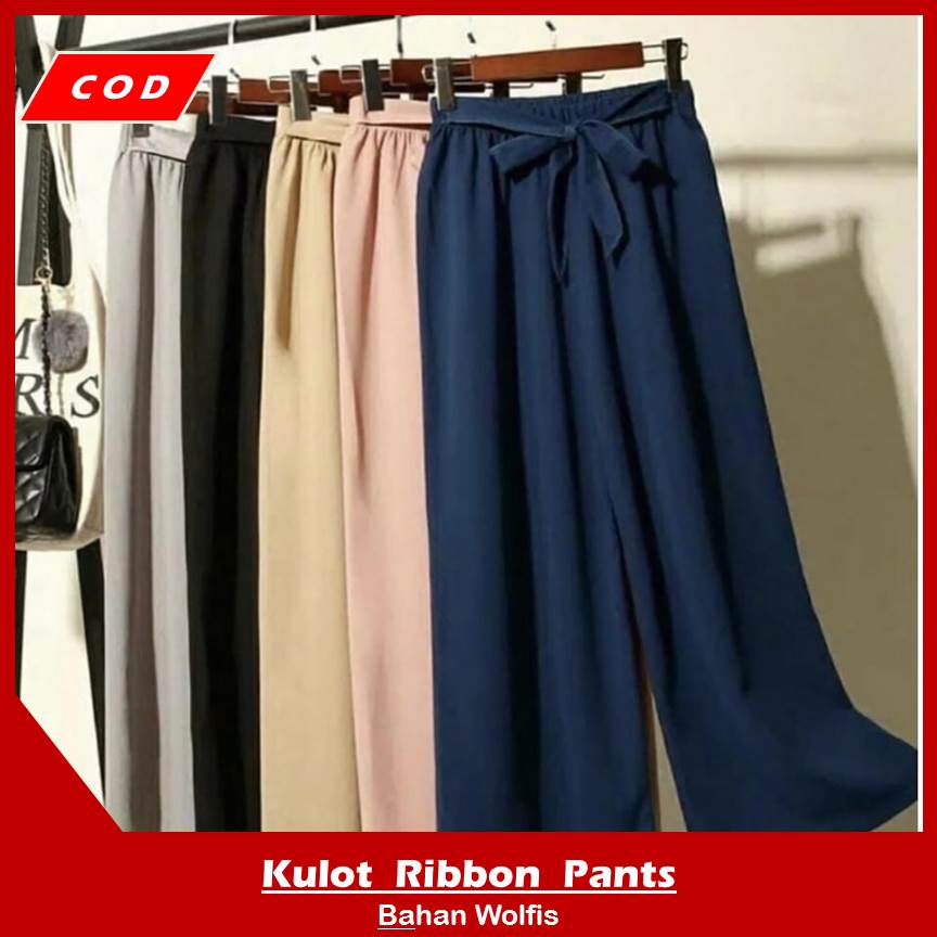 Celana Kulot Wanita Ribbon Pants Wolfis Highwaist Casual Tali Daily