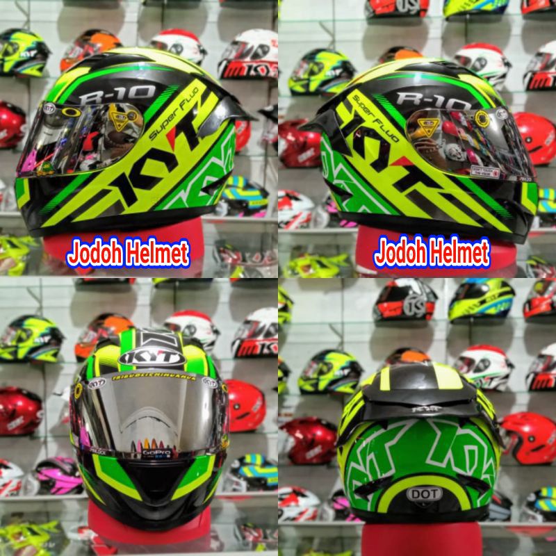 KYT HELM R10 MOTIF SUPER FLUO BLACK YELLOW+VISOR IRIDIUM+SPOILER PAKET GANTENG