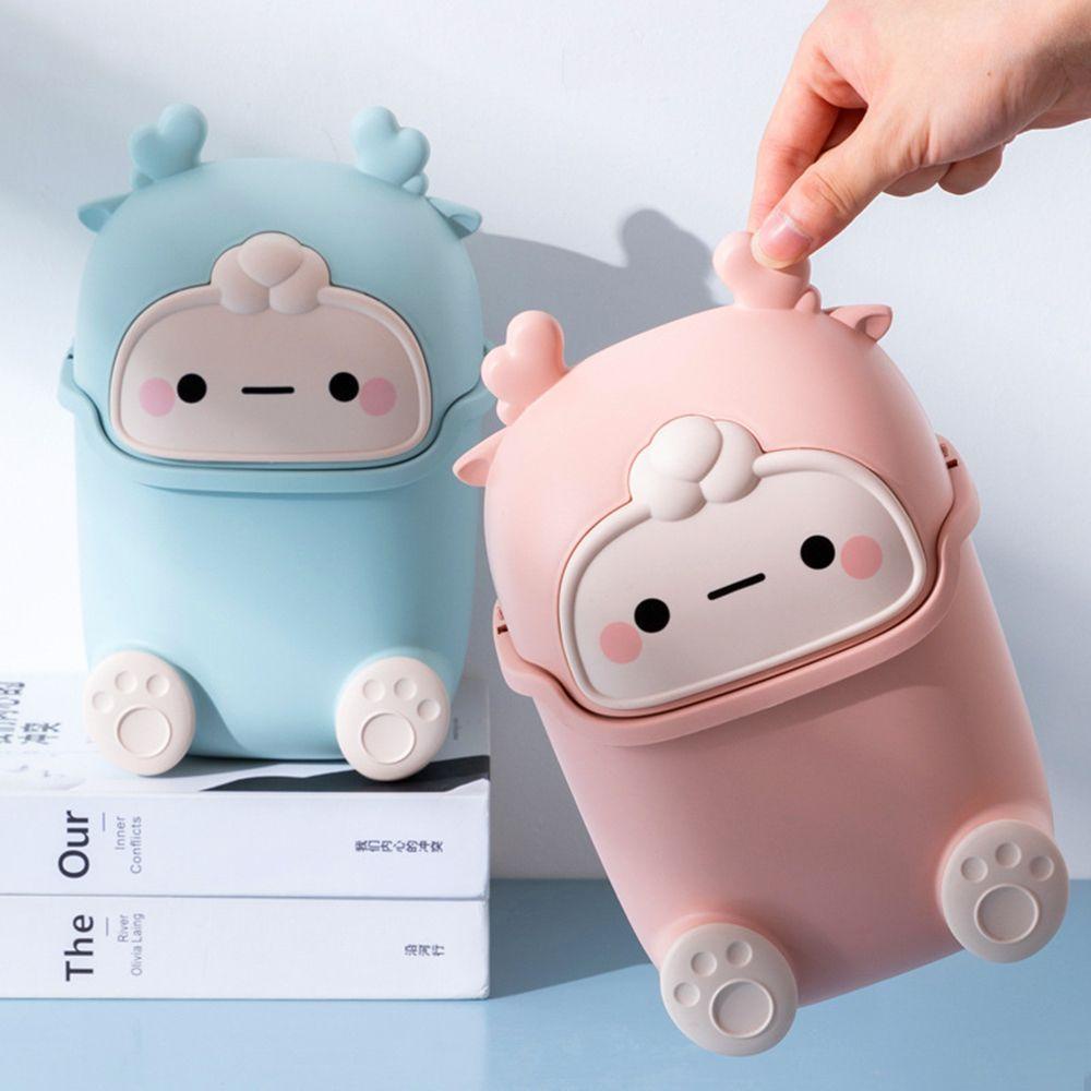 Solighter Desktop Tong Sampah Mini Kreatif Tipe Flip Dengan Tutup Ruang Tamu Kartun Keranjang Sampah