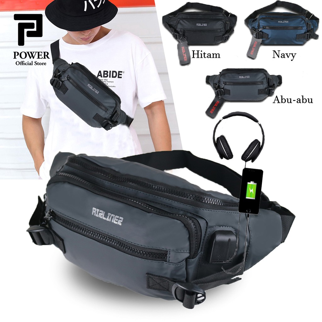Tas Pinggang Pria Waistbag Import Waterproof Dual USB Portable Tas Sepeda Pria Tas Slempang Dada
