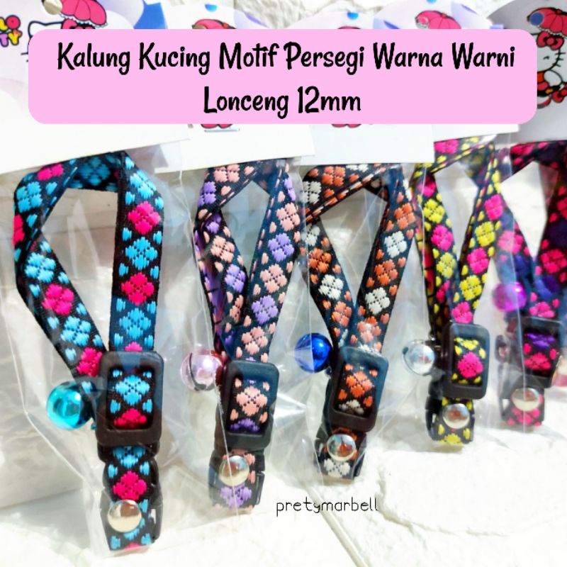 Kalung Kucing Motif Persegi Warna Warni Lonceng 12mm Murah