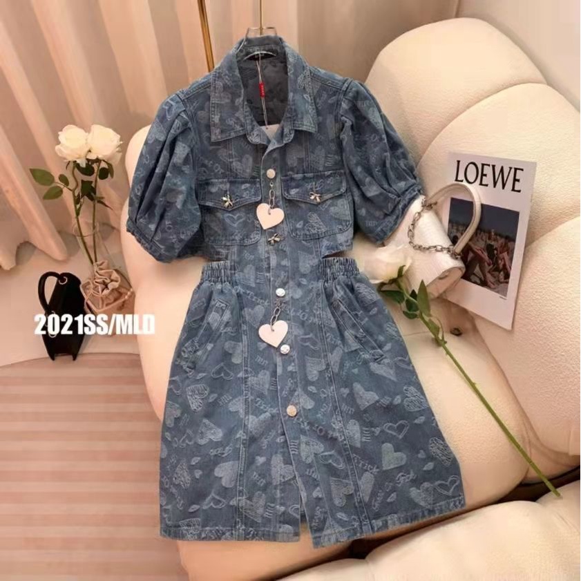 #Sisjuly# Wanita niche acara pinggang French puff lengan rok pinggang gaun denim baru wanita EDBL