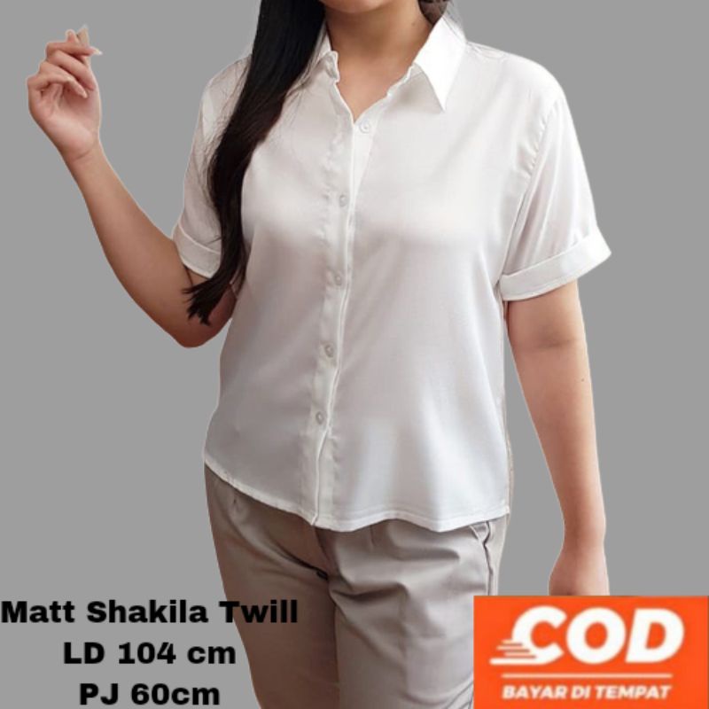 Kemeja Wanita Polos Casual Atasan Blouse Basic Putih Hitam Lengan Pendek Kekinian  Shakila Twill