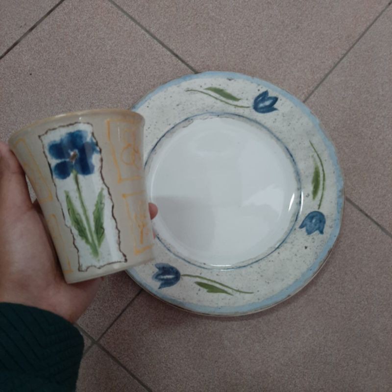 [SET] TULIP DINNER PLATE DAN MUG PIRING GELAS KERAMIK SANGO MOTIF BUNGA ANTIK JADUL VINTAGE KOLEKSI