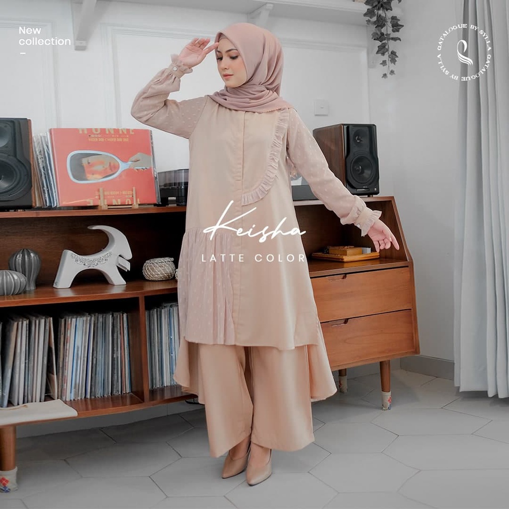 Tunik Set Kulot Brukat Tile Tulle Baju Kondangan Muslim Party Outfit Busui KEISHA by Sylla Hijab