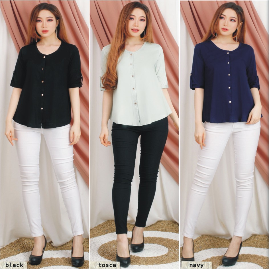 KAOS ATASAN WANITA KANCING BAJU FASHION LENGAN SKODER BAHAN SPANDEK BAJU KEKINIAN BAJU KOREA GROSIR