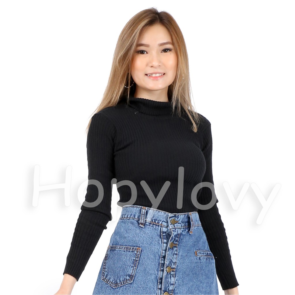 HOPYLOVY - Sweater Rajut Wanita Turtleneck Ribbed Turtle Daisy