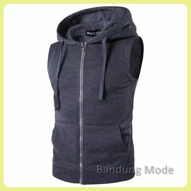 READY Jaket Sweater Hoodie Lengan Buntung - Rompi Vest Zipper Cowok Pria - Abu tua, L PROMO