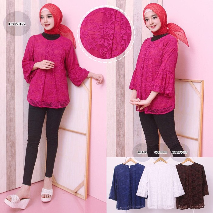 Premium-Busana Muslim-Blus Brokat Tile Atasan Wanita Tangan Balon Brukat - Brown