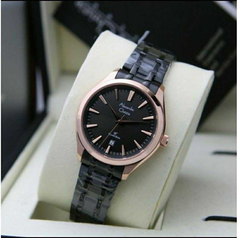 ORIGINAL JAM TANGAN WANITA ALEXANDRE CHRISTIE CEWEK BLACK ROSEGOLD RANTAI ALEXANDER CRISTIE AC 8646