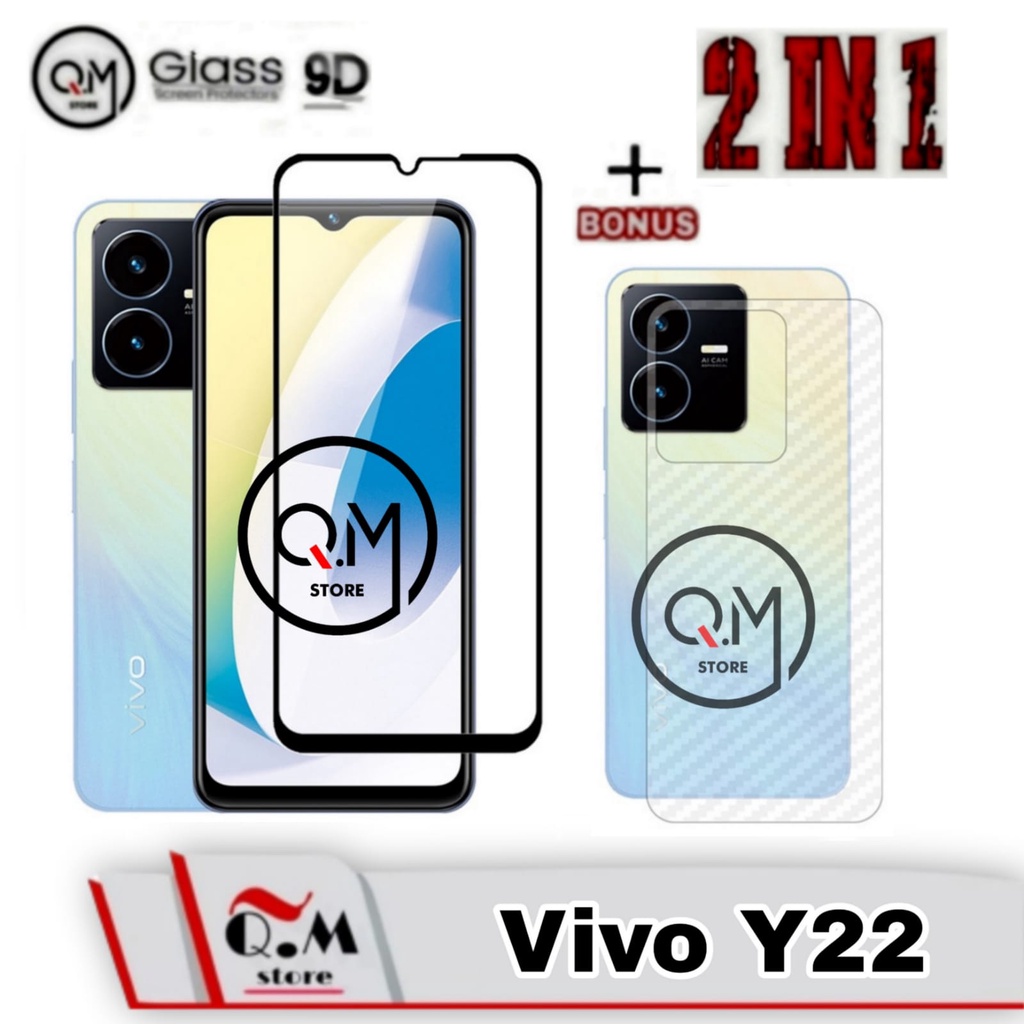 Paket 2 in1 Tempered Glass Layar Vivo Y22 New 2022 Anti Gores  Screen Guard Free Skin Carbon Garskin