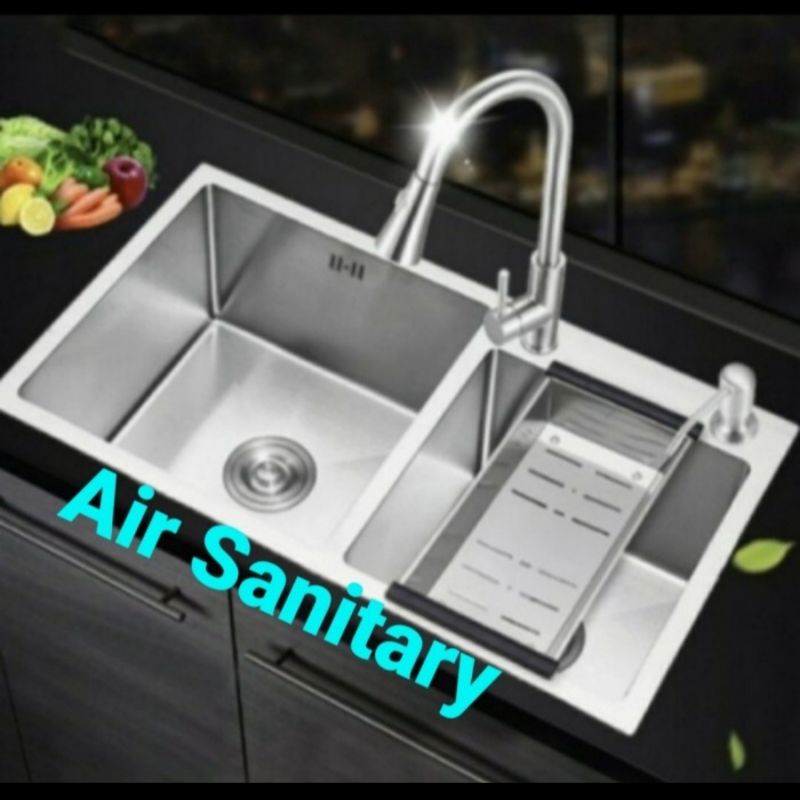 Paket lengkap kitchen sink kotak 2 lubang minimalis kran sink flexible